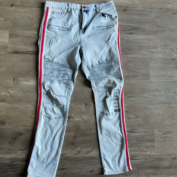 Argonaut Nation Jeans 36x32 Distressed Moto Biker Denim Red White Stripe Men’s - Picture 1 of 8